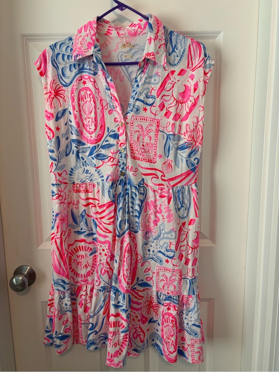 Lilly Pulitzer Dresses & Skirts - Lilly Pulitzer Arley Button Dress Sun Sea Sand Blue Pink Red White Sz S - EUC!